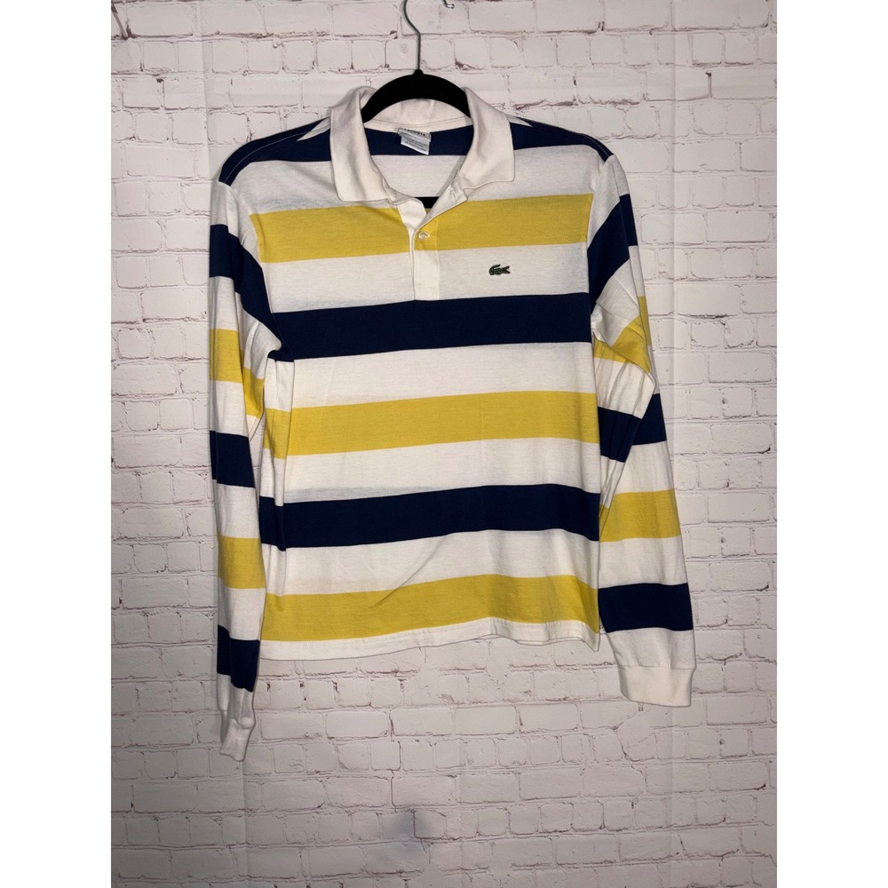 Lacoste Kids Striped Long Sleeve Polo Shirt Navy Yellow White Size 16 5191L